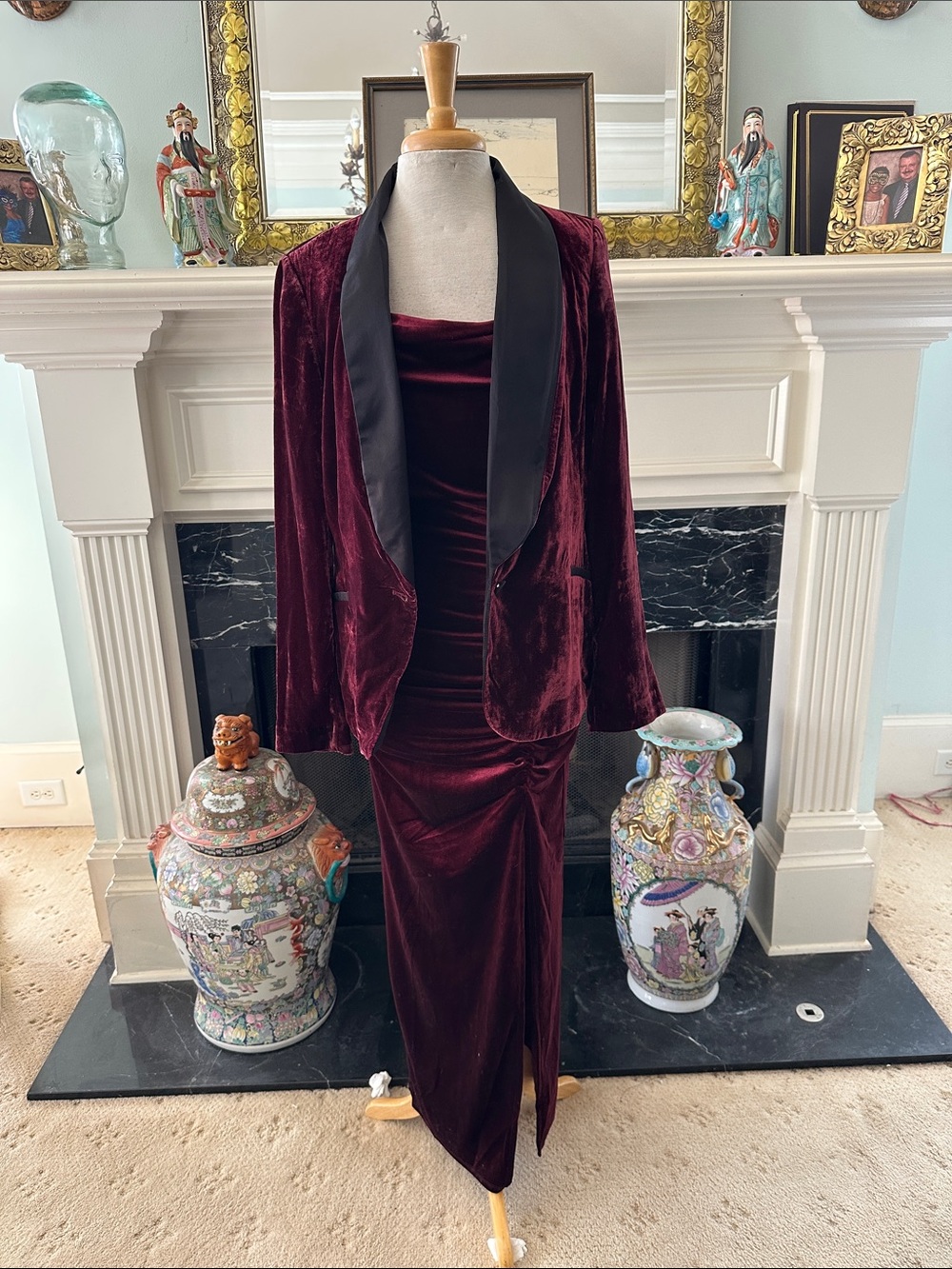 Burgundy Velvet Jacket w/Blk. Satin Shawl Collar & Burgundy Velvet Bodycon Dress